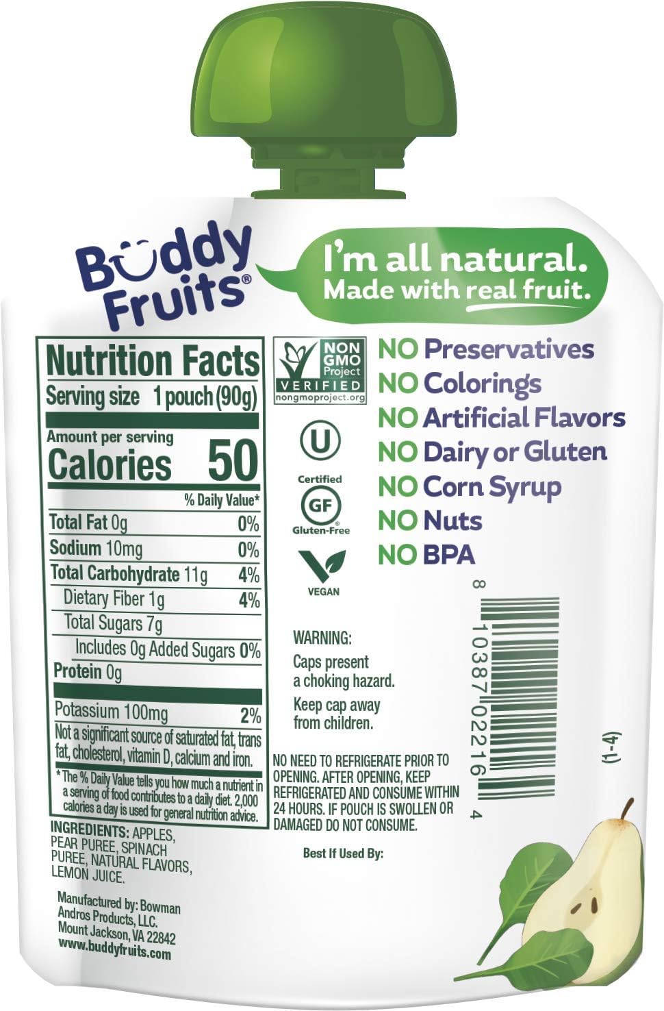 Buddy Fruits & Veggies Snacks To Go Pear Spinach Unsweetened Applesauce 3.2oz Pouch (18pk) Gluten-Nut-Dairy-Preservatives-BPA Free, Non GMO, Kosher