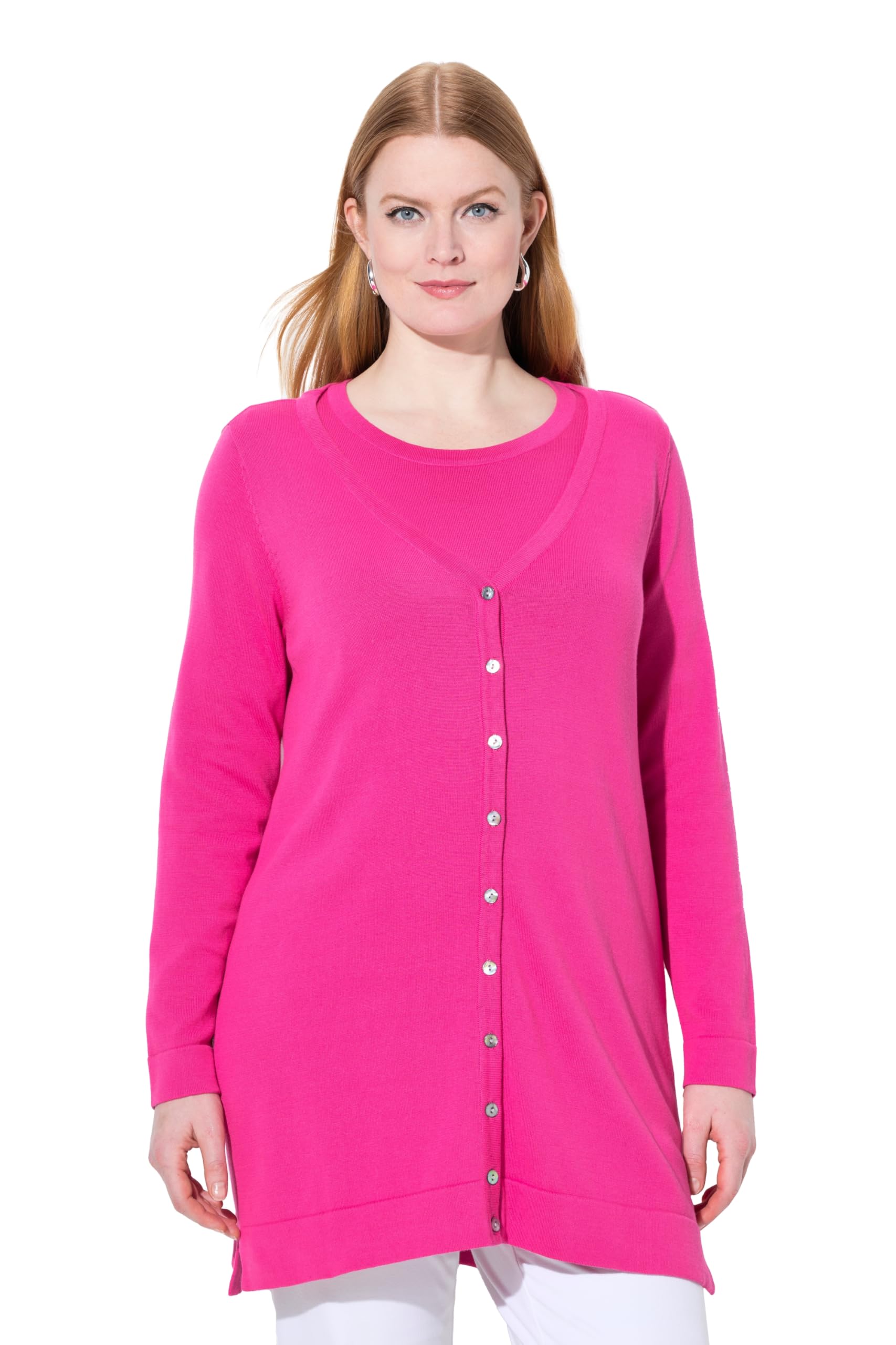 Ulla Popken Damen große Größen Übergrößen Plus Size Long-Strickjacke, V-Ausschnitt, Langarm, Pima Cotton 841476