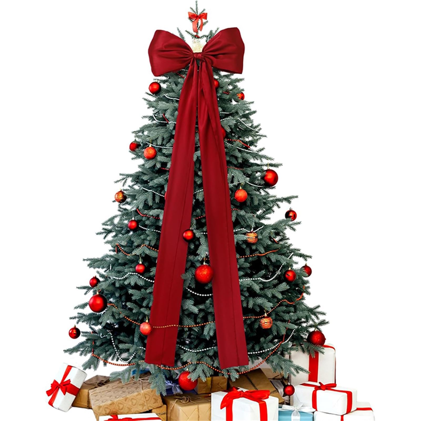 Grande Fiocco Rosso Per Albero Di Natale 33 Cm In Nastro Di Lino Con Filo Metallico - 4