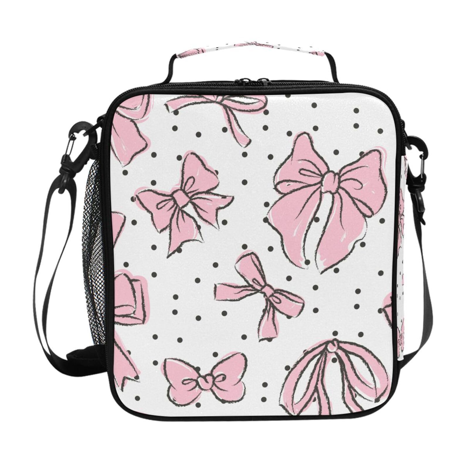 Mnsruu Cute Bows Pink Lunch Bag Kids Insulated Lunch Box Tote Bag Cold Thermal Freezable Shoulder Strap for Boys Girls School Picnic