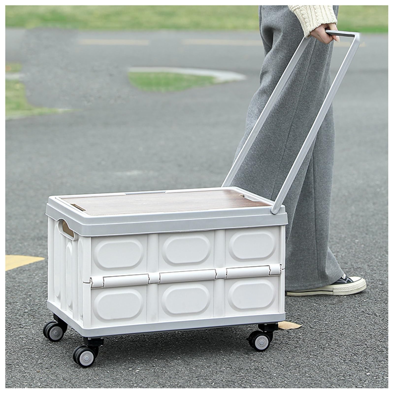 Outdoor-Camping-Aufbewahrungsbox mit hohlen Griffen, tragbarer Hand- oder Ziehwagen, abnehmbarer Holzdeckel, 18 l Fassungsvermögen, für Campingausrüstung und Zubehör