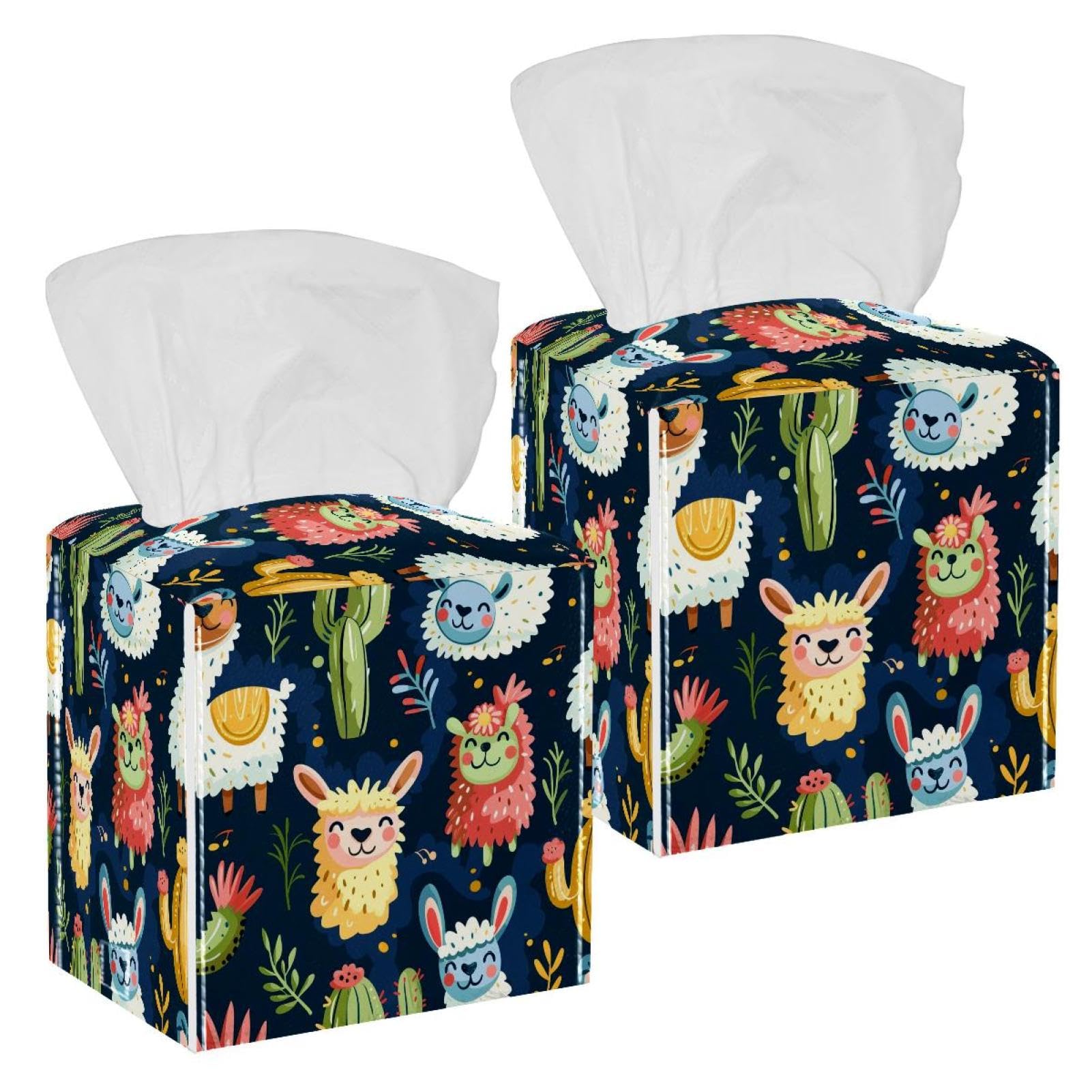 Cute Llama Alpaca Cactus Tissue Box Cover, 2 Pack PU Leather Square Facial Tissue Dispenser Box holder for Home Office Car