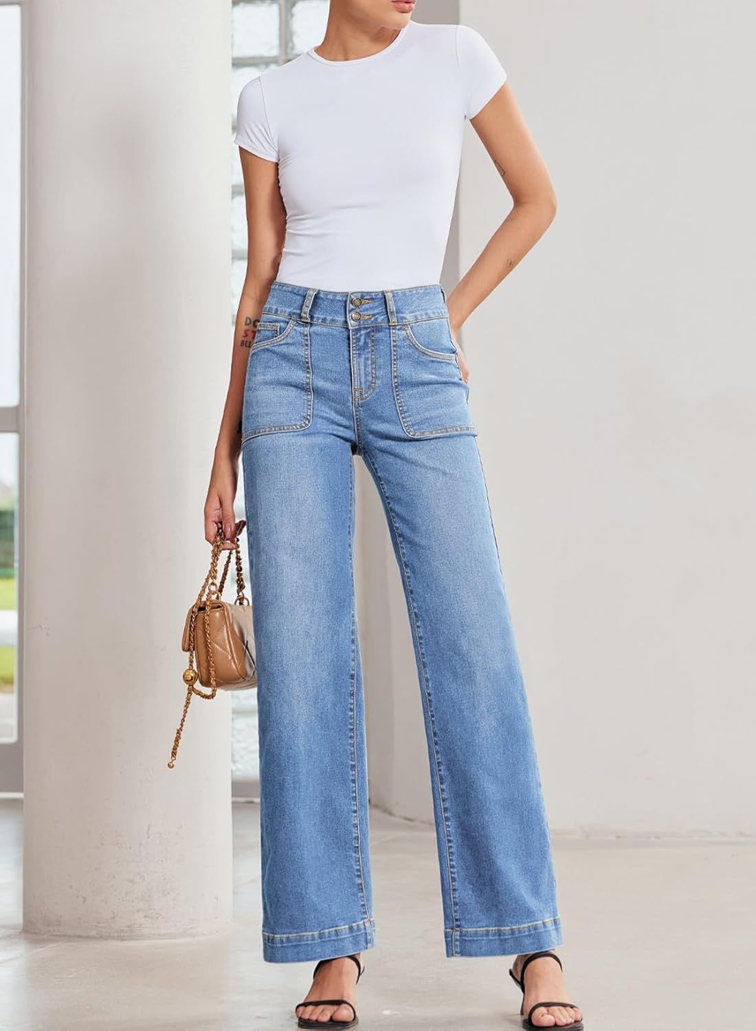 Sidefeel Women's Wide Leg Jeans High Waisted Stretchy Tummy Control Straight Leg Denim Pants - Image 5