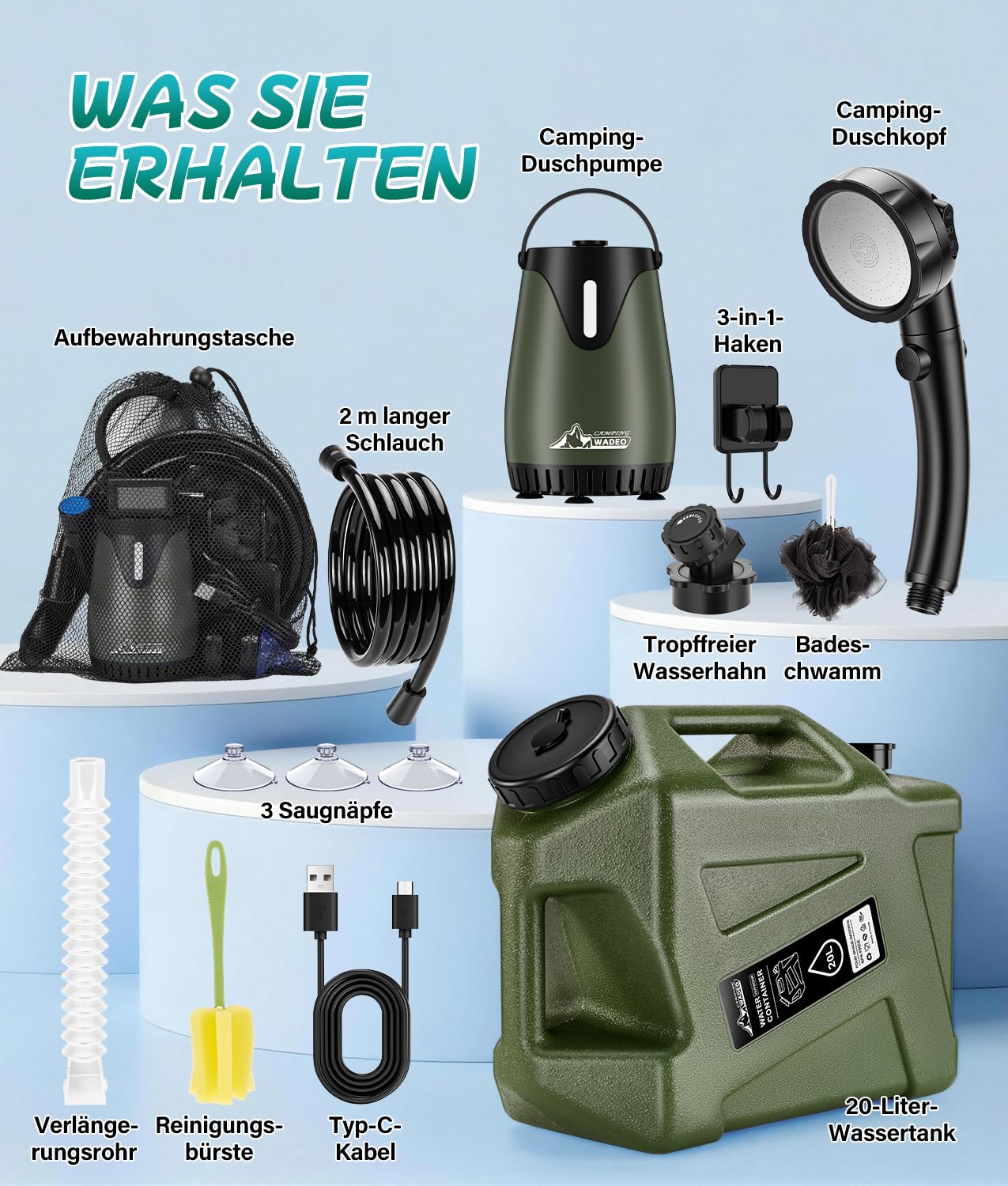 WADEO Campingdusche mit Pumpe und robustem Wassertank 20L, Tragbare Camping Dusche Outdoor Set mit Duschpumpe und Wasserbehälter Kanister, für Camping, Wandern, Garten, Strand, Autowaschen, Notfälle