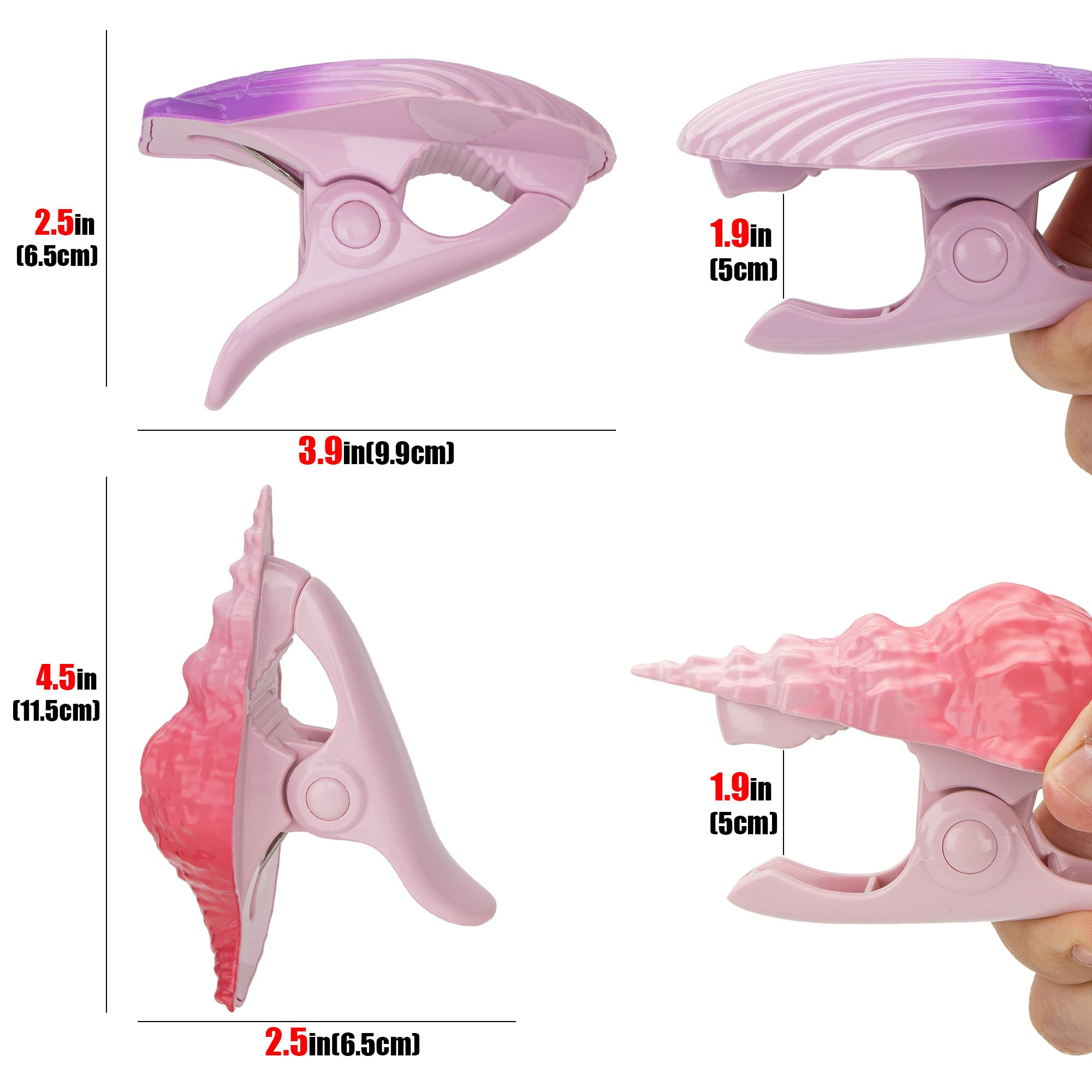 CAIRIAC Beach Towel Clips for Beach Chairs Cruise Essentials, 4 Pack Large Plastic Clothespins Heavy Duty Pool Chair Clips for Towels, Keep Your Towel from Blowing Away (Conch, Sea Shell)