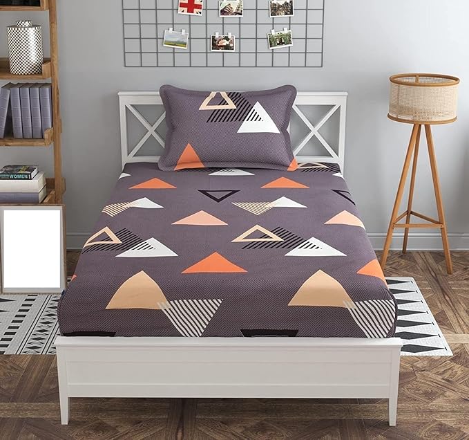Rvans Creations Elastic Fitted Glace Cotton All Around Printed Full Length Single Bedsheet with One Pillow Covers(48