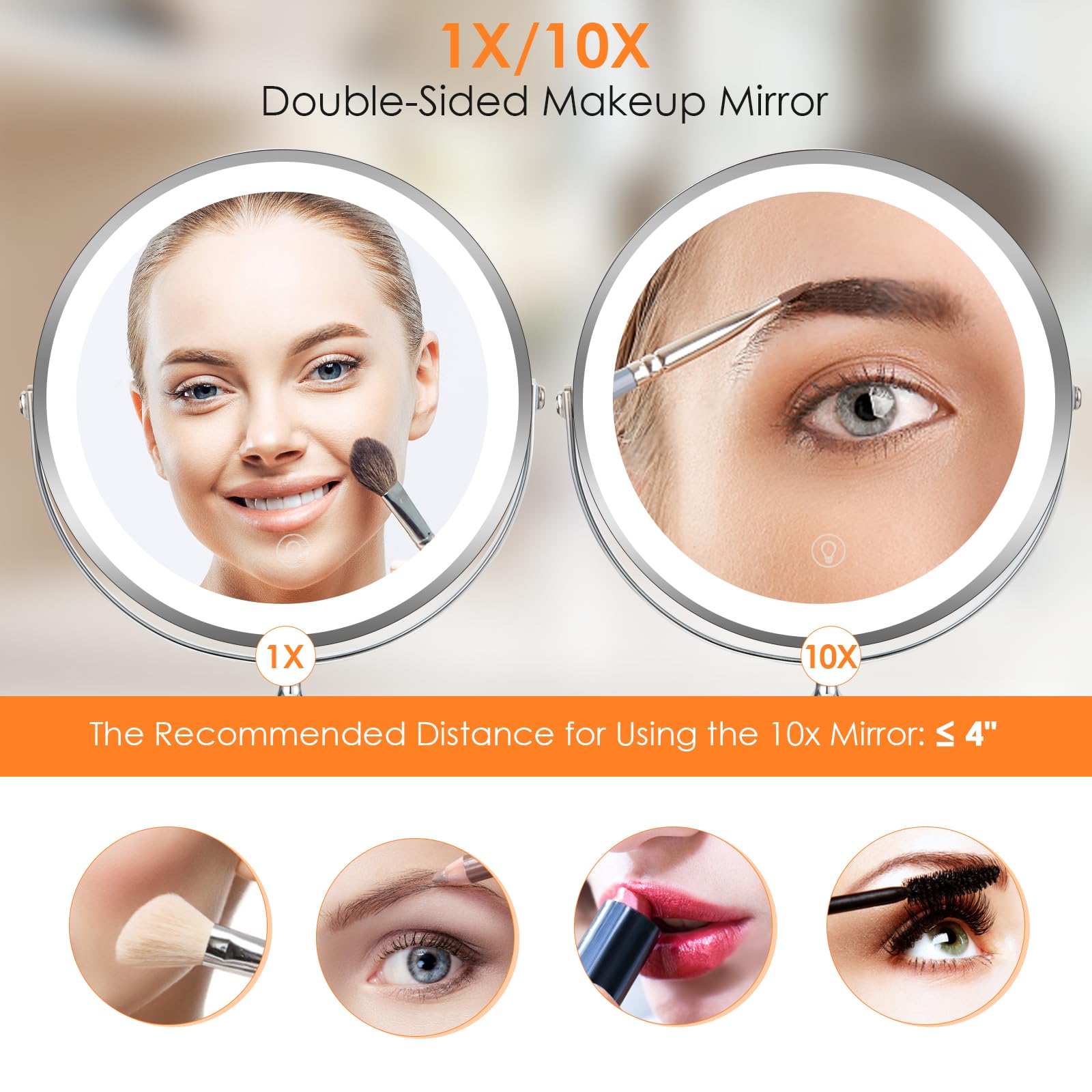 Espejo de maquillaje de aumento de 8 pulgadas con luz, espejo de maquillaje de rotación de 1X/10x 360 con iluminación, recargable de 3 luces de color, espejo de tocador de pie libre, espejo