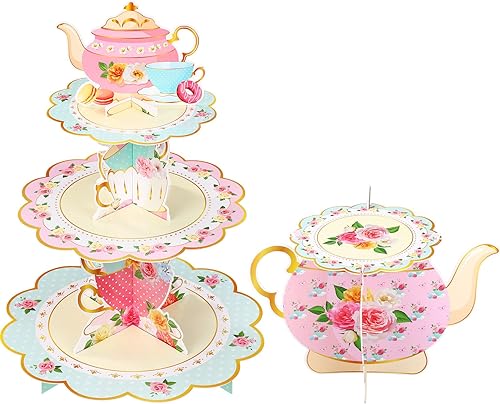 Zopeal 2 piezas de decoración floral para cupcakes de fiesta de té de 3 niveles, soporte floral para cupcakes, torre de postre de cumpleaños floral