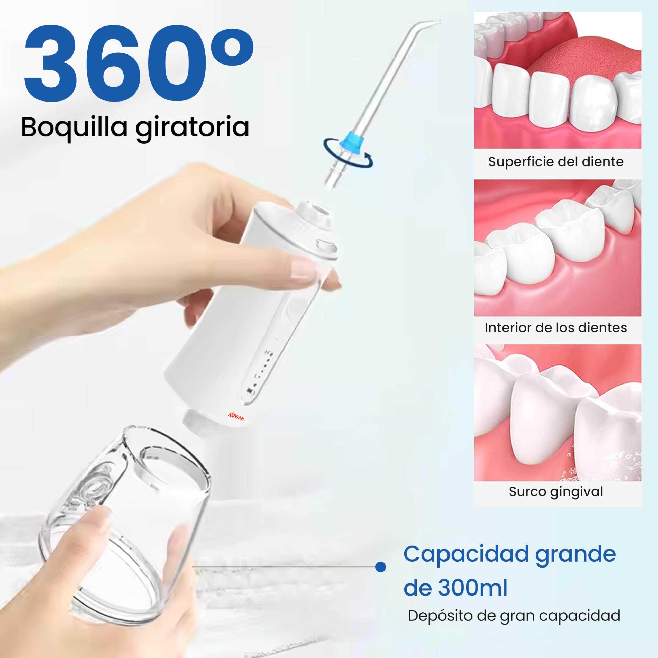 Irrigador bucal portátil con 5 Modos de potencia y 6 boquillas, 1200 Pulsos/min, IPX7, Carga USB-C, Boquilla 360°, Bola Gravitatoria, Limpieza Dental Profunda, Ortodoncia y Encías