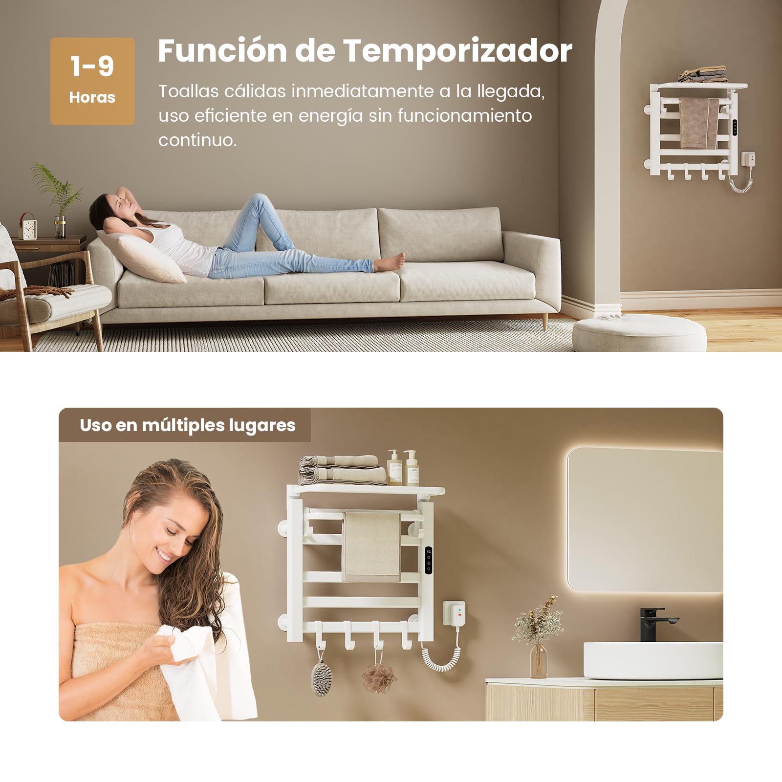 EMKE Toalleros eléctrico de baño 500 x 500 mm, 140W, Blanco | Toallero eléctrico con Temperatura Constante, Secador de Toallas con Estante ,Control de Temperatura Inteligente