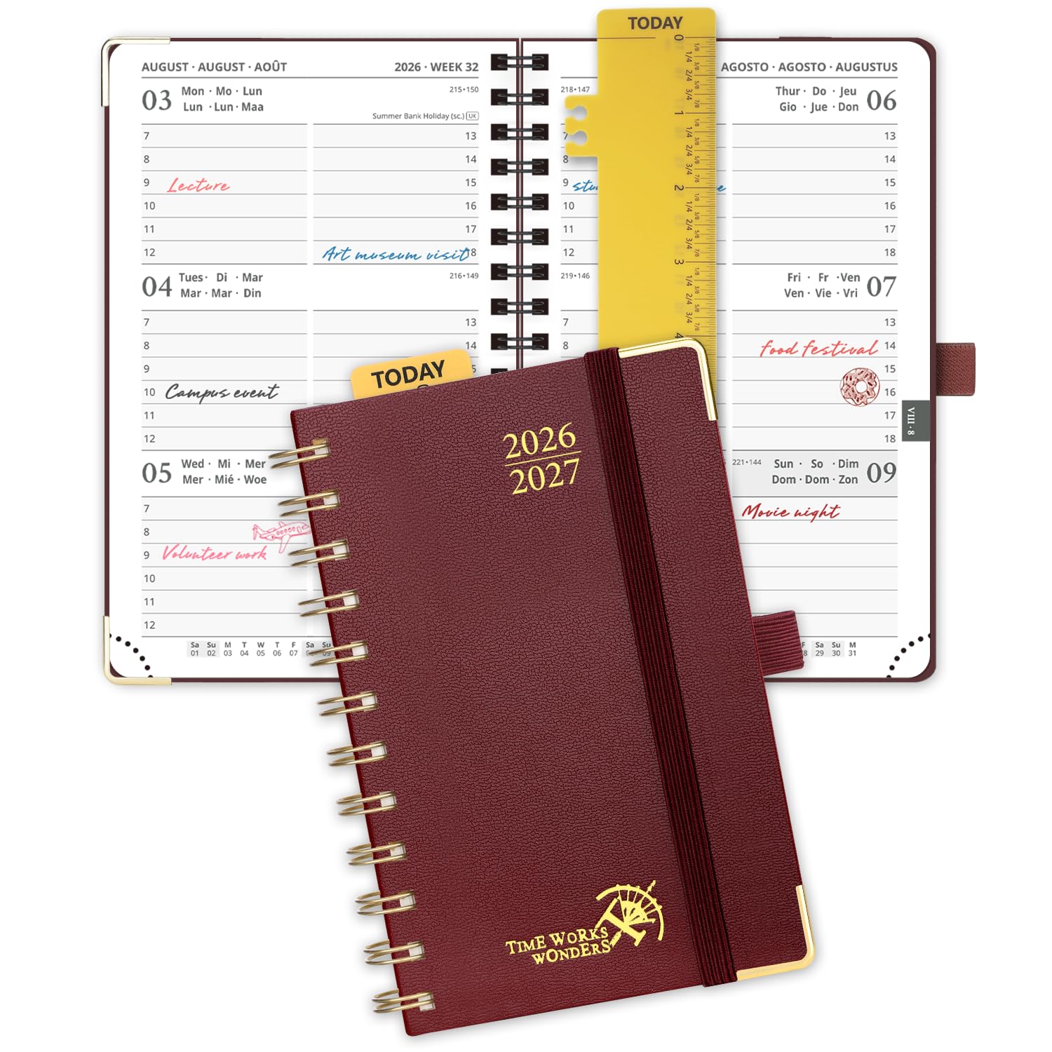 POPRUN 2026-2027 Academic Pocket (16x10.5 cm) Diary Week to View Small Spiral 17 Months (Aug'26 - Dec'27) A6 26/27 Mid Year Weekly Planner(Burgundy)