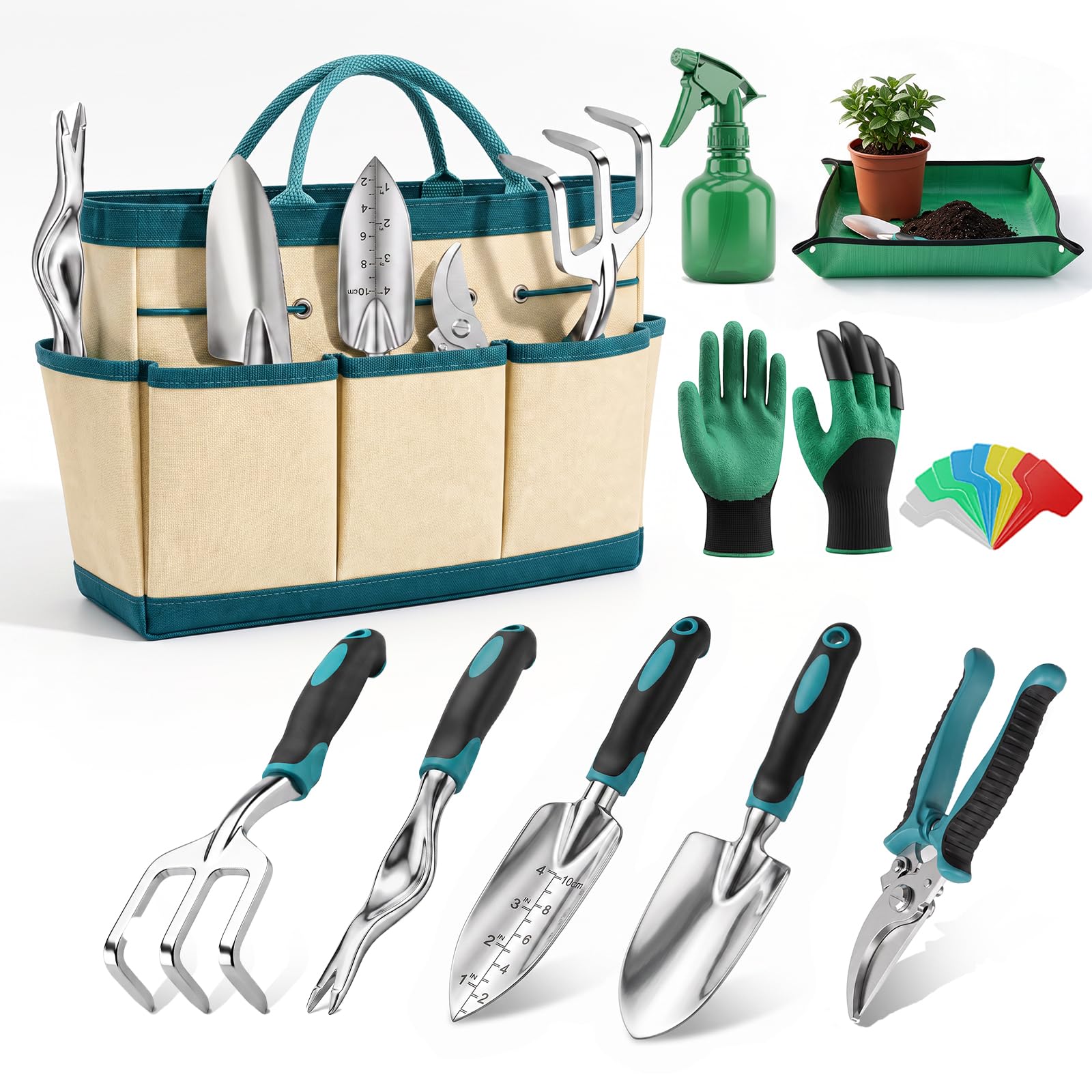 Set di attrezzi da giardinaggio con borsa, cazzuole e cesoie, 10