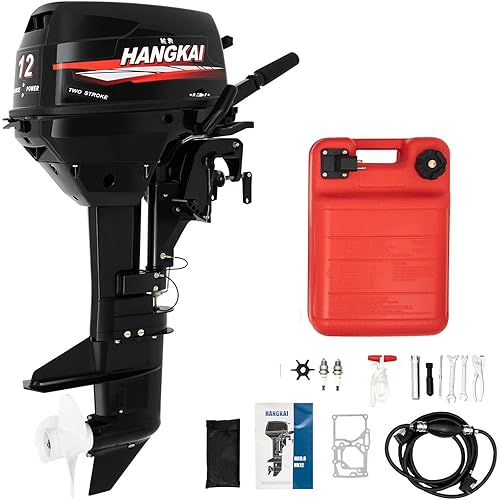 2 Stroke 12 HP Outboard Engine, Heavy Duty Fishing Boat Engine Petrol, Marine Engine, Water Cooled CDI Ignition System, with Fuel Tank, Short Shaft, 169CC.