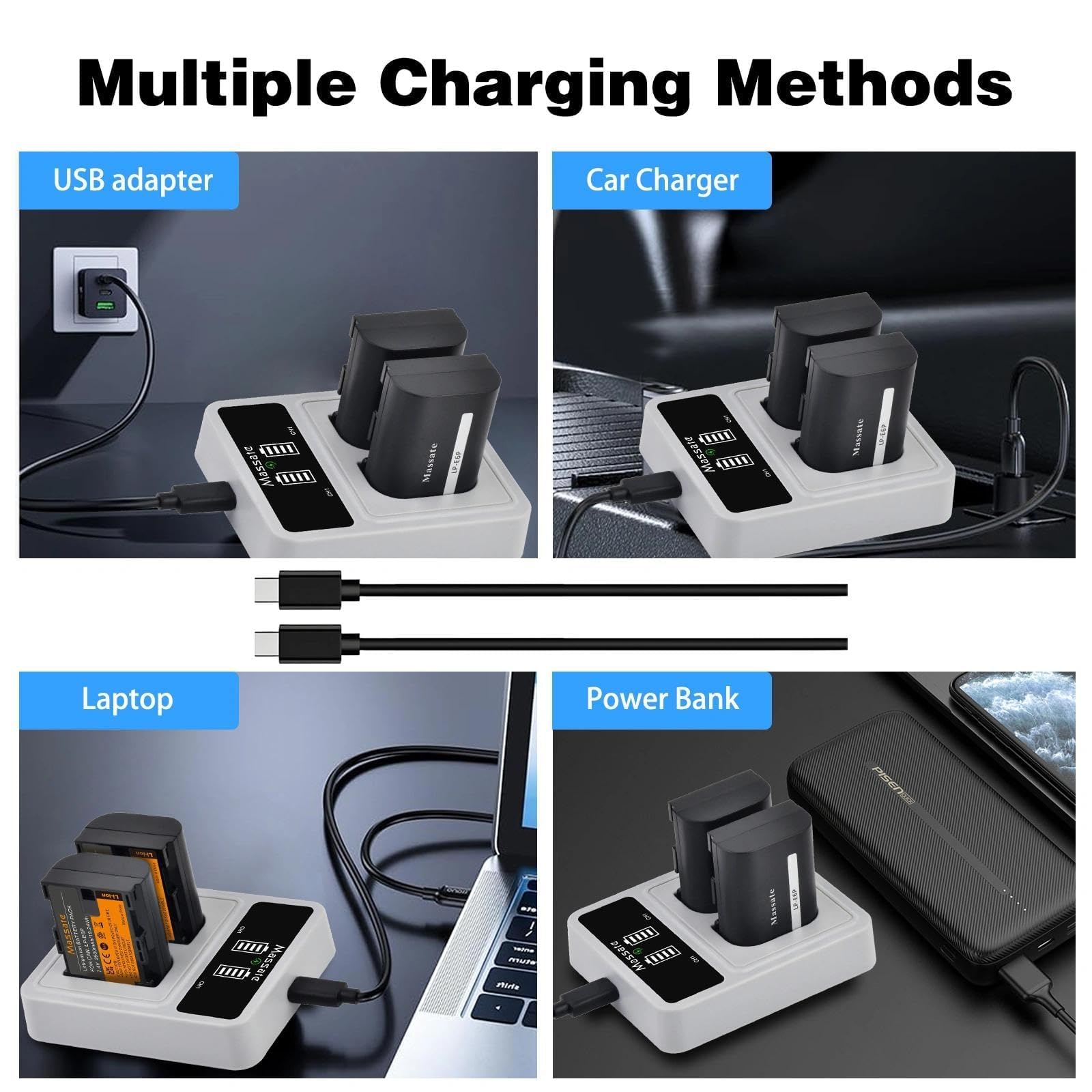 Lot de 2 batteries LP-E6P LP-E6NH 2600 mAh + chargeur rapide LED PD20W – Charge complète en 2,5 H, batterie LP E6 pour Canon EOS 5D Mark II/III/IV, 5DS/R, 6D/6D II, 7D/7D II, 60D 70D 80D 90D