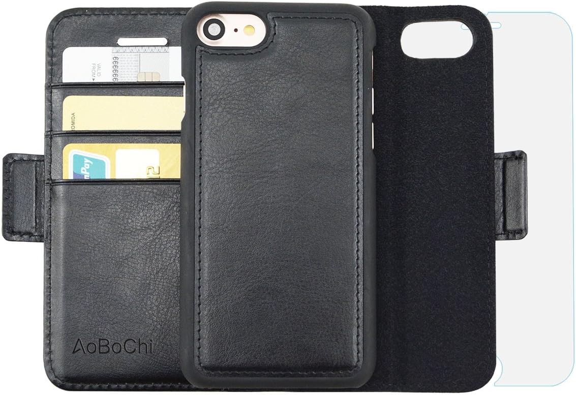 iPhone6/6s/7 Case,iPhone6/6s/7 Wallet Case,AoBoChi Leather Case with Detachable Folio ,Kickstands,Wallet for iPhone6/6s/7(4.7inch)[1pcs Glass Screen Protector is included] (Black)