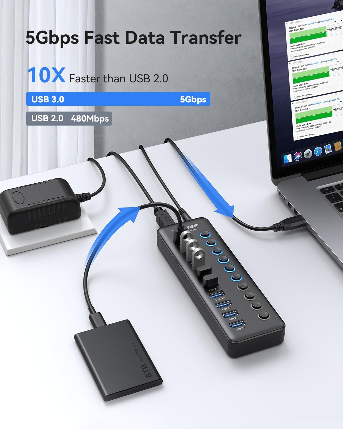 Hub USB 3.0 alimentado por 10 puertos, divisor USB con interruptores LED de encendido/apagado independientes, adaptador USB A-C y fuente de alimentación de 12 V/3 A, concentrador USB alimentado para