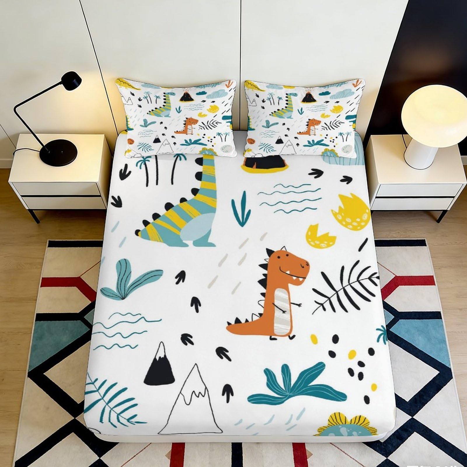 3D Printed Dinosaur Fitted Sheet Microfiber Soft Breathable Cartoon Bed Cover for Bedroom Dormitory Guest Room Mattress Protection Decor 200x200x25cm
