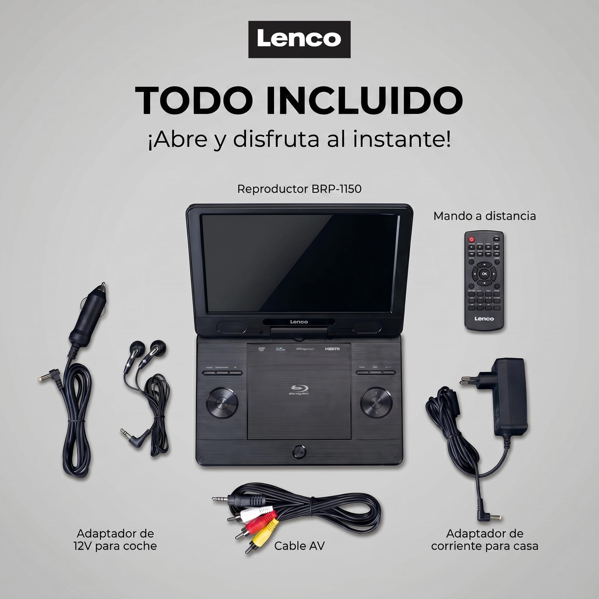 Lenco BRP-1150 - Reproductor de DVD portátil de Blu-ray y Blu-ray (pantalla TFT giratoria de 11,5", 1024 x 600 píxeles, batería integrada, con adaptador de red y de coche, entrada USB