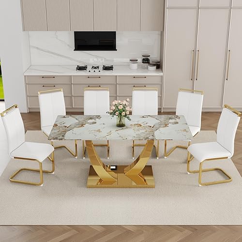 Miniatura 8 de Juego de mesa de comedor de mármol sintético para 6, mesa de comedor moderna de 71 pulgadas para 6, mesa de cocina dorada de lujo y 6 sillas de Mesa