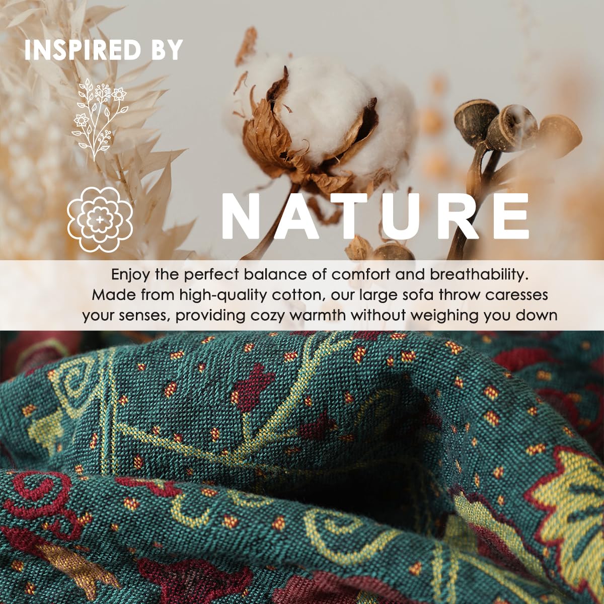 Mantas Sofá Plaid Foulard Sofa Algodón Boho Verano Inverno Estampado de Hojas Florales Multiusos Cubrecama para Cama para Toda Estación, Verde Oscuro, 150x200cm