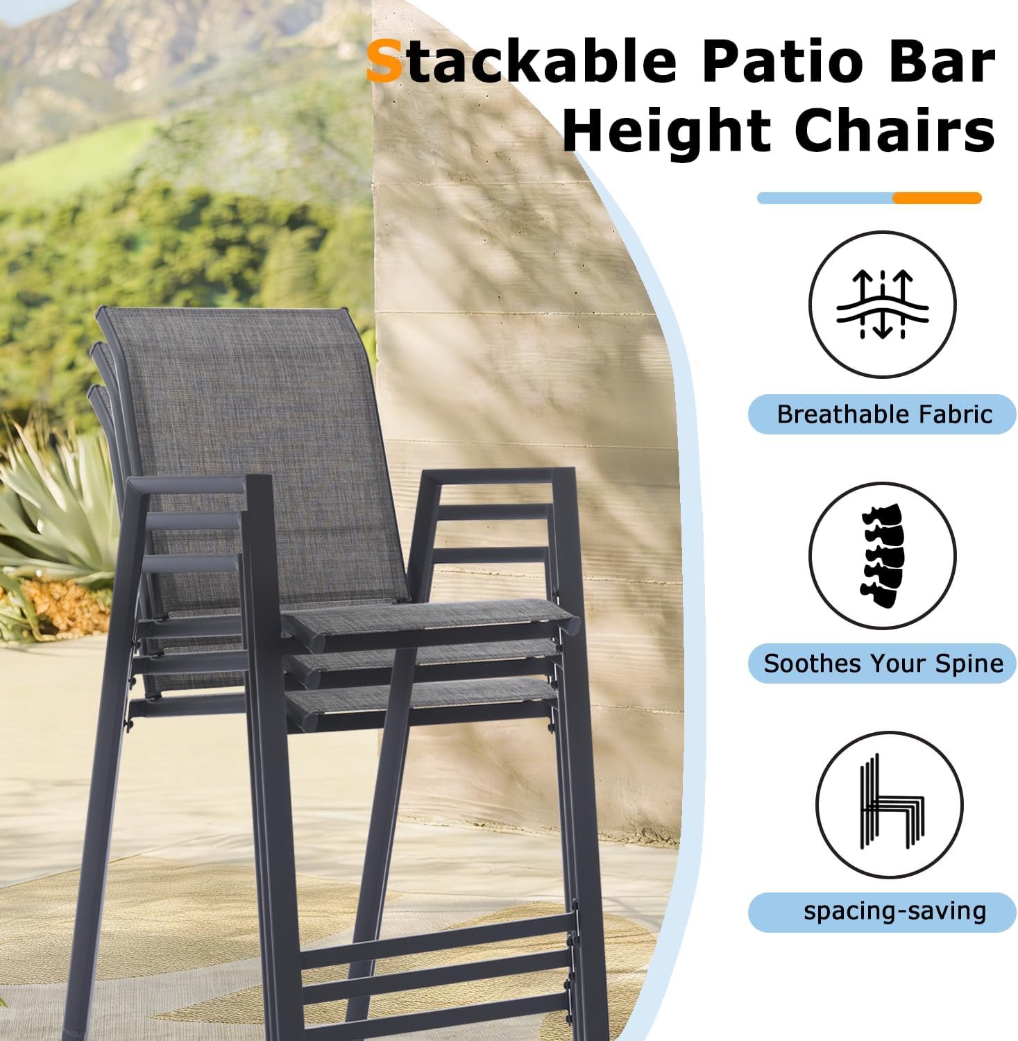 Outdoor Patio Bar Stools Set of 6, Stackable Counter Height Short Bar Chair, Patio High Furniture Chair Set, Outdoor Furniture, All-Weather Seat for Backyard and Balcony, Grey