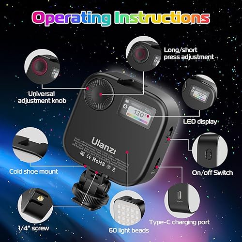 Miniatura 3 de ULANZI Luces de video RGB U60 Luz de cámara LED negra 360 Iluminación de fotografía portátil a todo color con adaptador de zapata fría de liberación