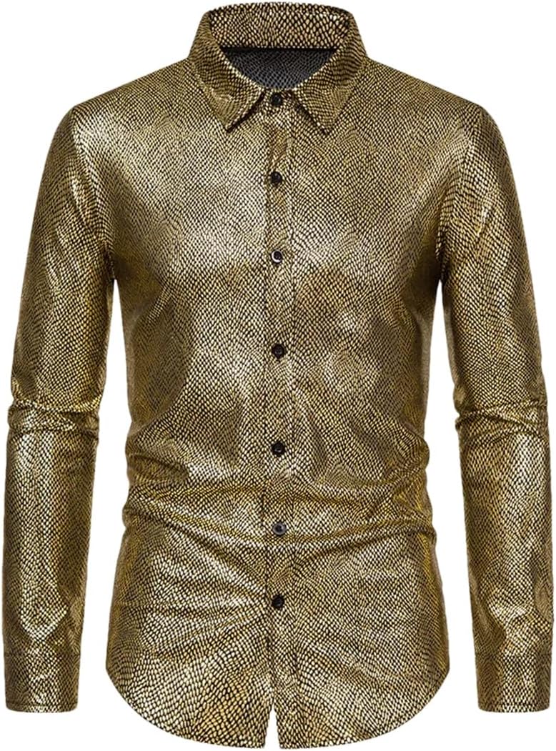 Mens Sexy Metallic Party Shirts Long Sleeve Disco Dance Party Chemise Costume