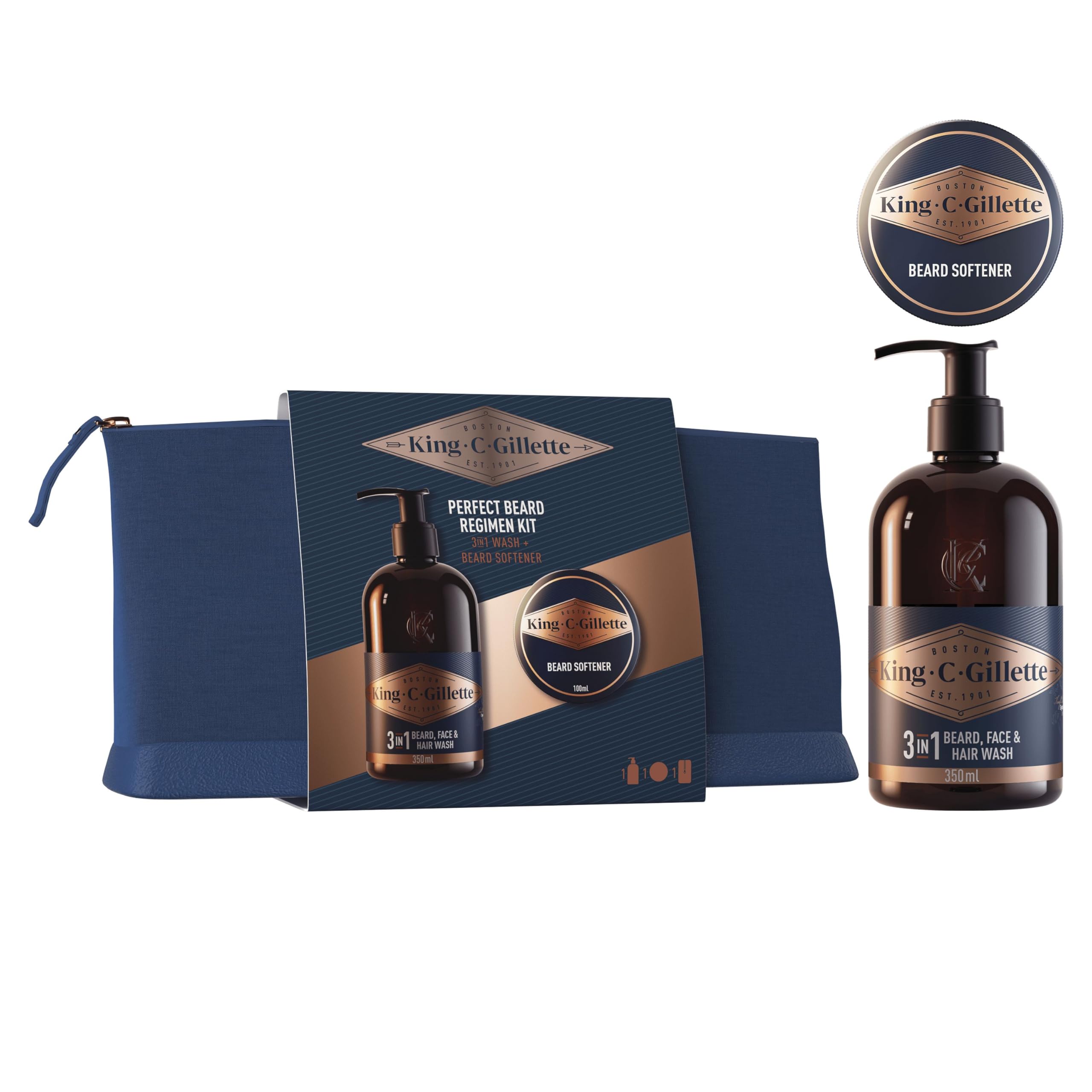 King C. Gillette Beard Regimen Kit for Men, Face and Beard, 3in1 Wash 350ml and Softener 100ml, Cleansing and Conditioning