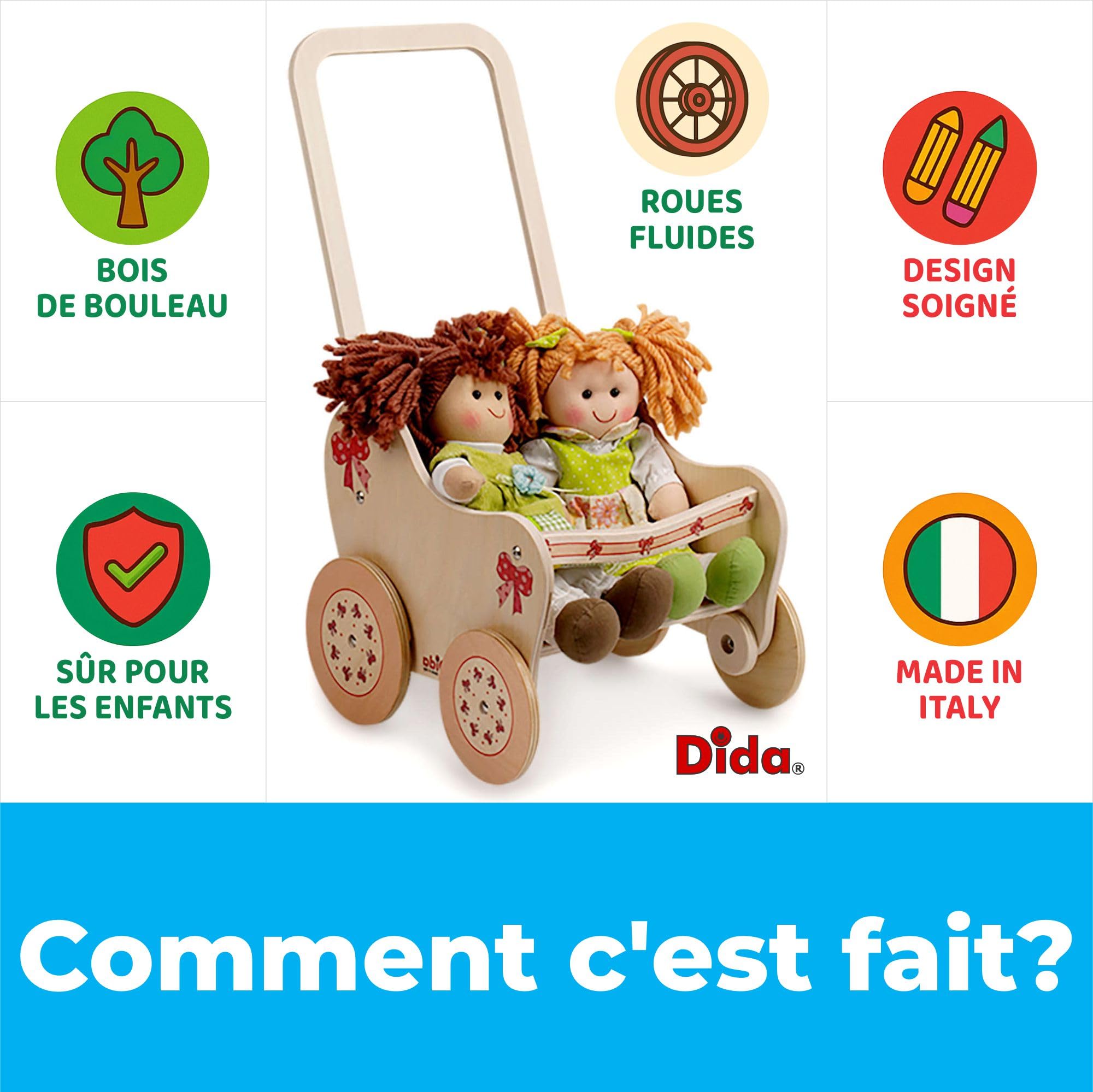 Dida Poussette Nœud pour Poupées - Landau en Bois Élégant, Adapté pour Poupées jusqu'à 35 cm, Parfait pour Jeux de Rôle Éducatifs, Idéal pour Enfants de 2, 3, 4 Ans