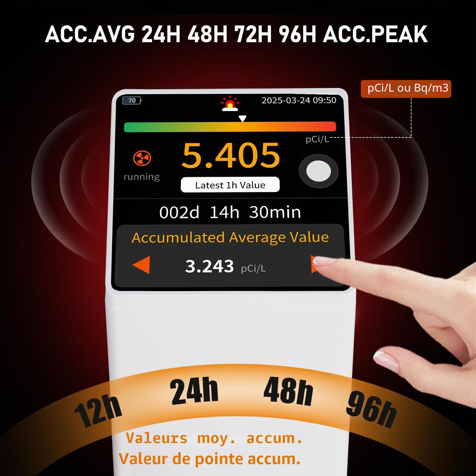 RM-73 Détecteur de Radon, avec Alarme sonore et visuelle, écran Couleur LCD Tactile, pour la Surveillance à Long Terme du Radon dans la Maison, en Bq/m³ ou pCi/L.