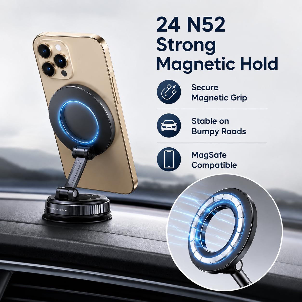 Soporte magnético para teléfono de coche, ventosa al vacío y almohadilla adhesiva, soporte 2 en 1, 24 imanes N52, rotación de 360°, soporte universal compatible con MagSafe para salpicadero
