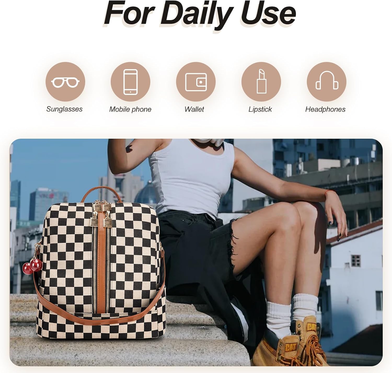 Checkered Backpack Purse for Women,Plaid Back Pack Handbag,Fashion Everyday Shoulder Bag with Wallet - Image 6