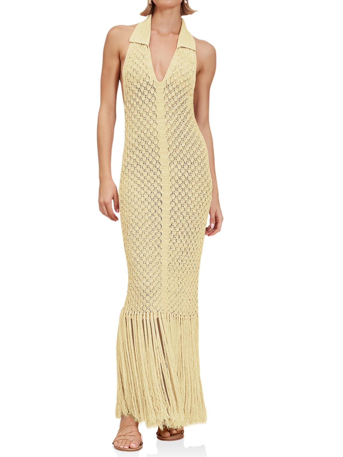 Womens Halter Crochet Cover Up Fringe Sexy Backless Sleeveless V Neck Collared Vacation Beach Maxi Dress-image-6