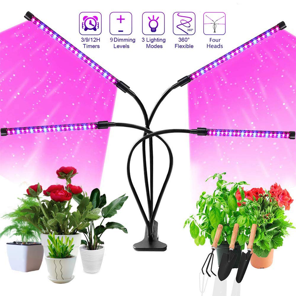 Grow Light, AUSPICE 4 Adjustable Goose Necks 36W 72 LED 9 Dimmable Levels Grow Light for Indoor Plants, Plant Lights with Clip, Growing Lamp for Plants Growth with 3/9/12H Timer