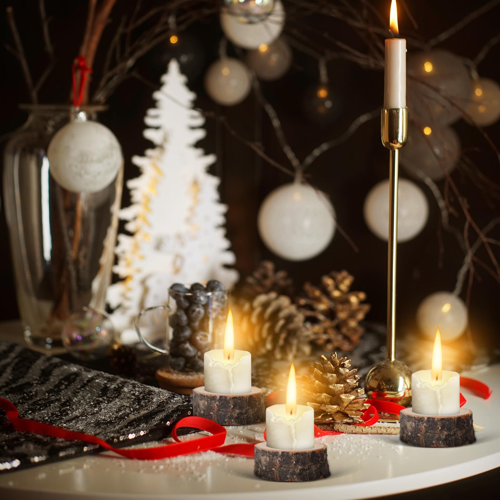 24 Szt. Rustykalne Drewniane Świeczniki Tealight i Trwałe Podstawki Świeczki Do Dekoracji Stołu Wesele Urodziny i Przyjęcia Domowe