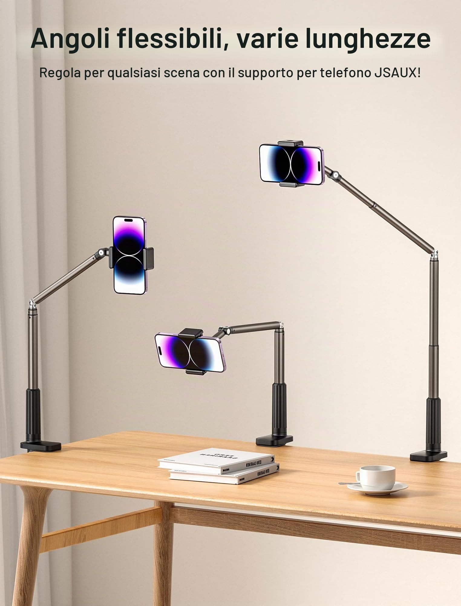 JSAUX Supporto per telefono per scrivania e letto, supporto flessibile per telefono universale 360 pigro lungo braccio morsetto clip supporto per telefono per tavolo comodino compatibile con iPhone 14