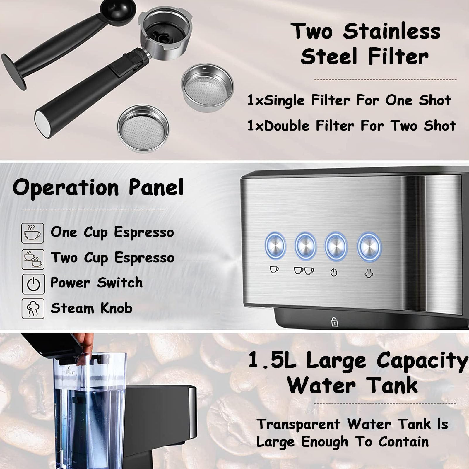 Cafetera, Doble Shot, 1 o 2 Tazas, Cafetera Automática Espresso, Espumador de Leche Clásico, Cafetera Profesional con Pantalla Táctil Intuitiva
