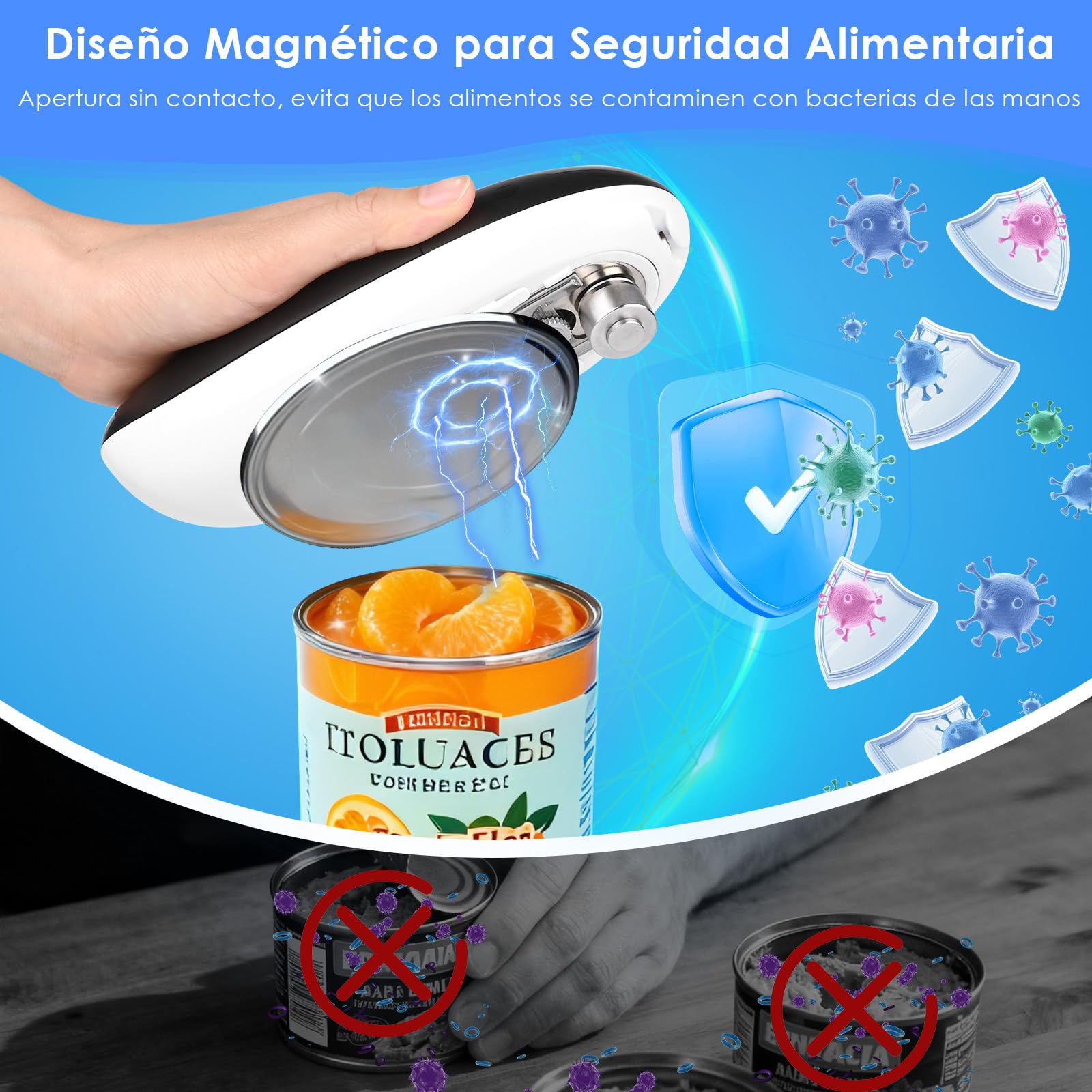 Abridor de Latas Eléctrico Automático, Abre Todo Tipo de Latas con Solo Pulsar un Botón - Ideal para Cocineros, Mayores, Niños y Personas con Movilidad Reducida