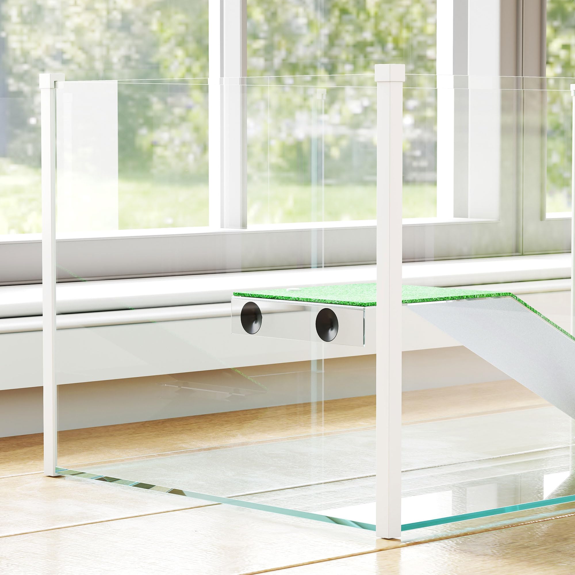 PawHut Acquario per tartarughe, terrario per tartarughe con piattaforma e rampa con superficie in erba artificiale, vista panoramica a 360°, per piccoli pesci, gamberetti, 60x35x28 cm, bianco