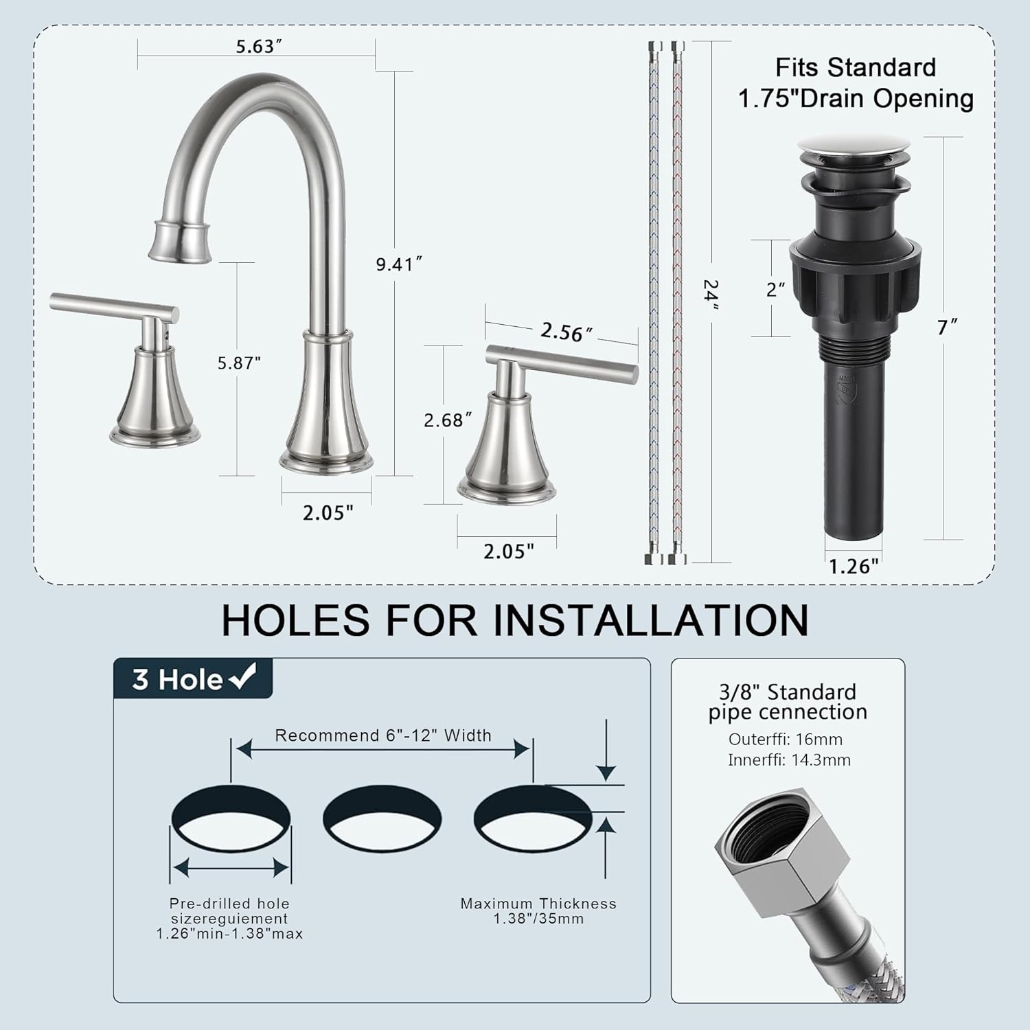 COMLLEN Brushed Nickel Bathroom Faucet 3 Hole Vanity,360 Degree Rotating Spout, 2 Handle 360° Swivel Matte Black 8 Inch Widespread Bathroom Sink Faucet 3 Holes, with Pop-up Drain, Supply Lines
