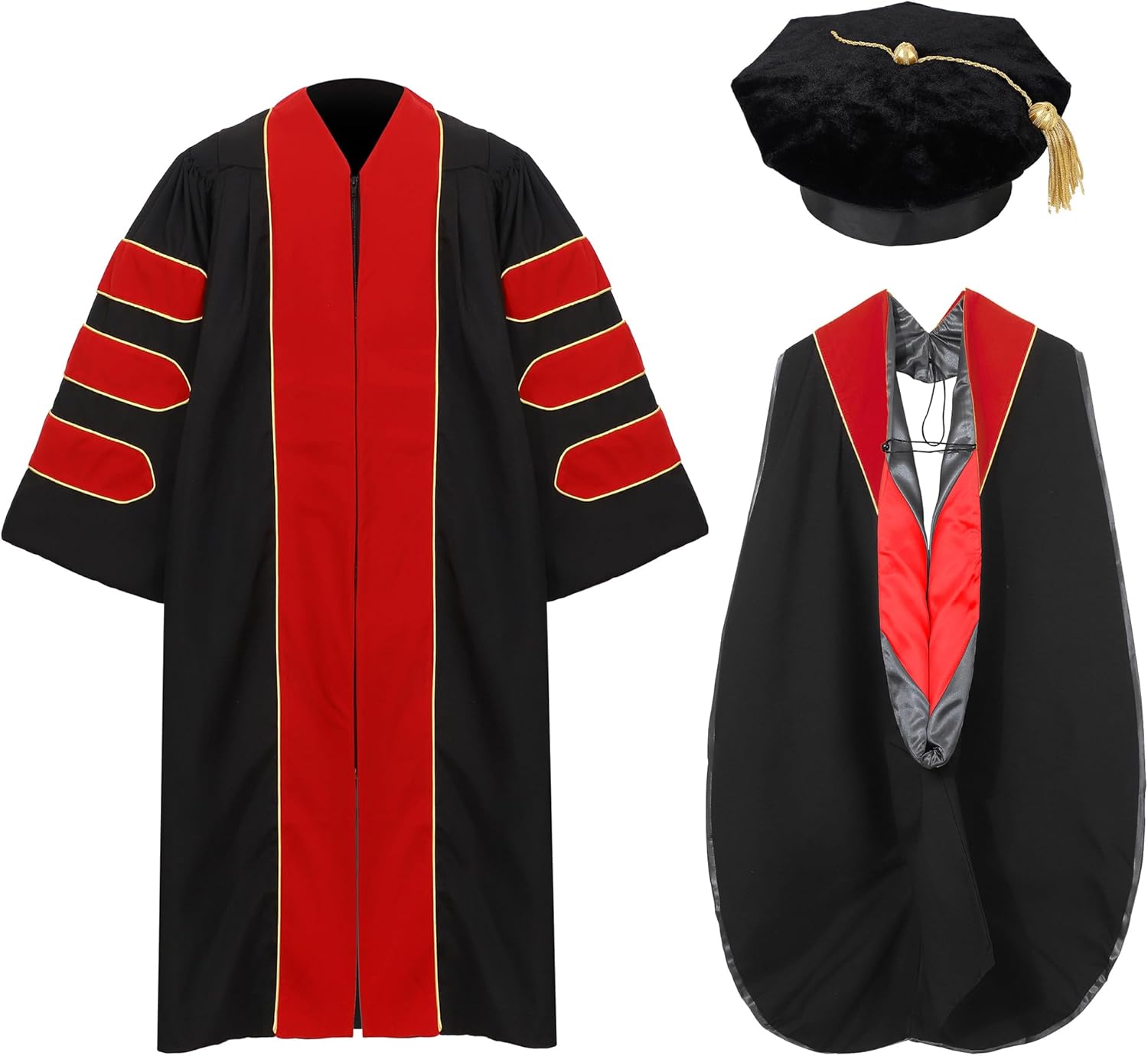 Unisex Deluxe Doctoral Graduation Gown and Doctoral Hood 8-Sided Tam Package for Academic Regalia