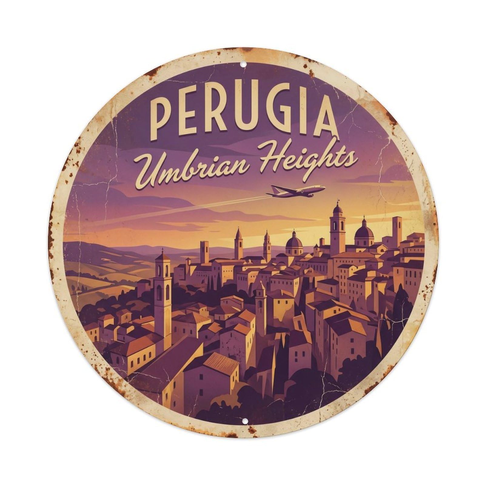 Fqcyn Style Vintage Travel Perugia Hilltop Italy Metal Tin Sign Plaque Wall Decor For Cafe, Club Bar, Office, Home Garden Round Metal Poster 8X8inch