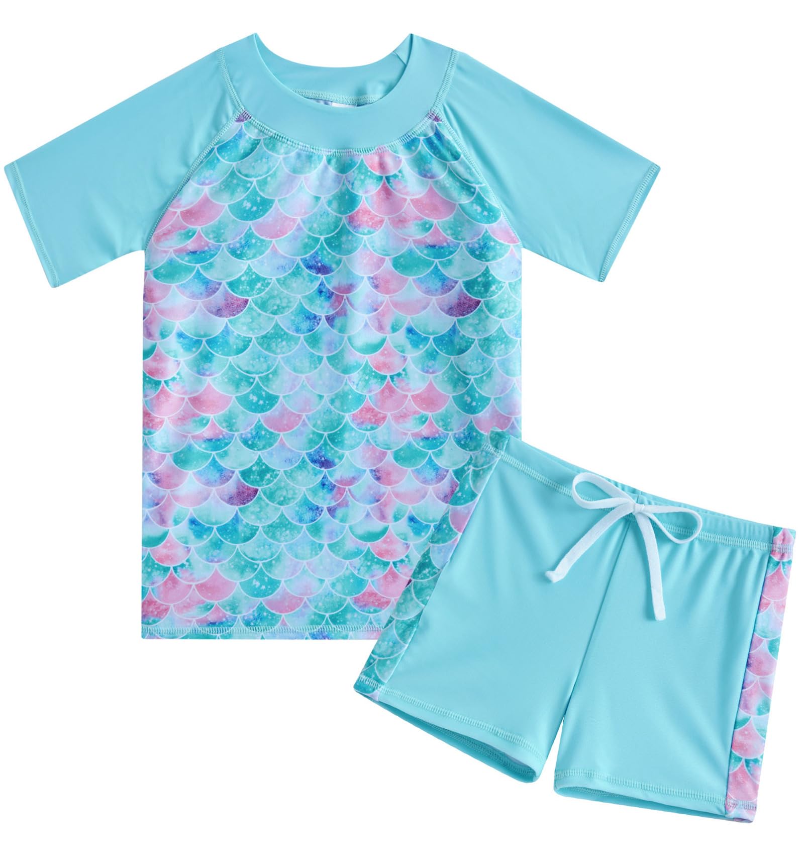 Fanient Girls Two Pieces Swimsuit Short Sleeve UPF 50+ Swimwear Girls Quick Dry Beach Swimming Costume with Mermaid Printed 9-10 Years