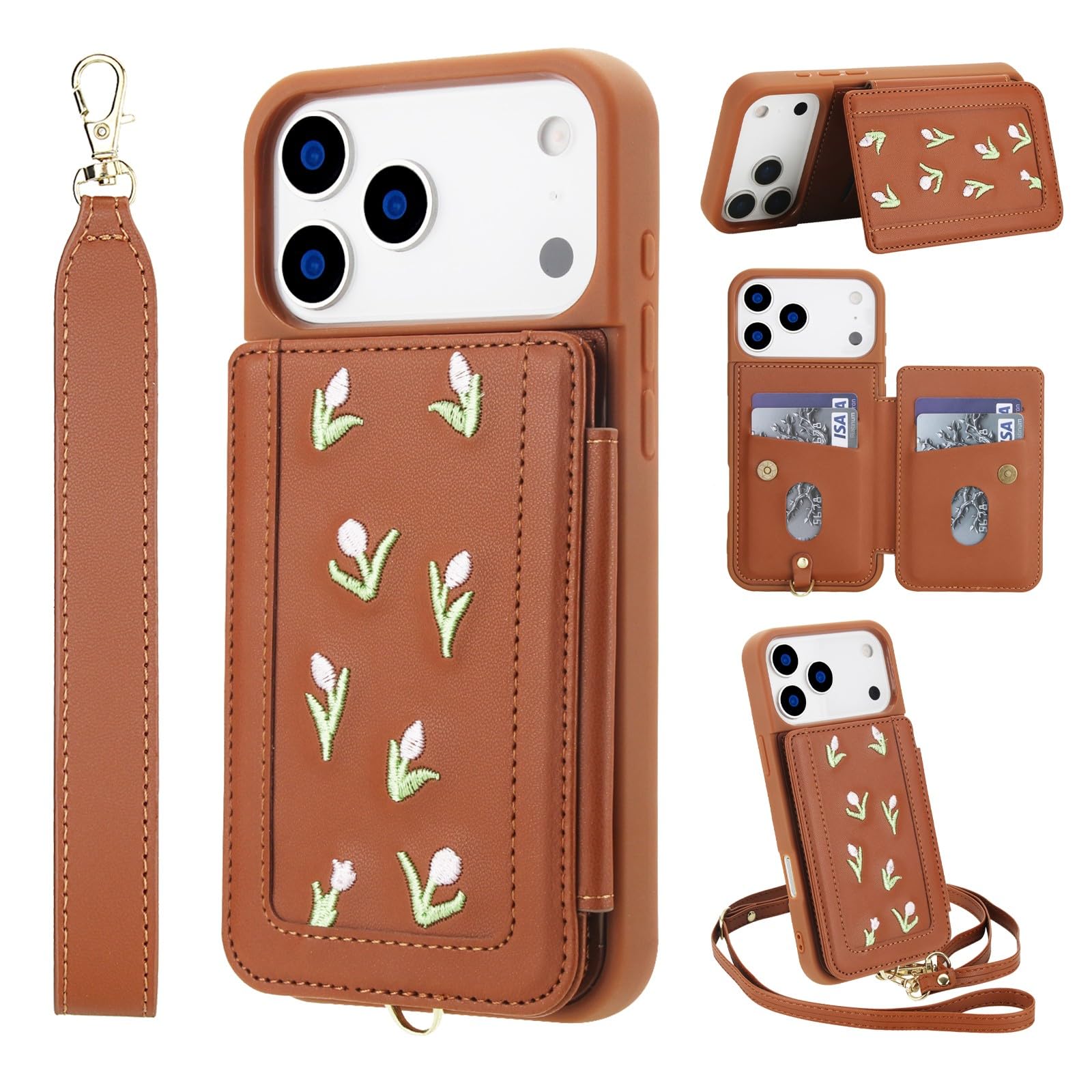Generic - Funda tipo libro para iPhone 17 Pro Max (color: marrón) con correa para el hombro y soporte de piel, carcasa trasera de silicona