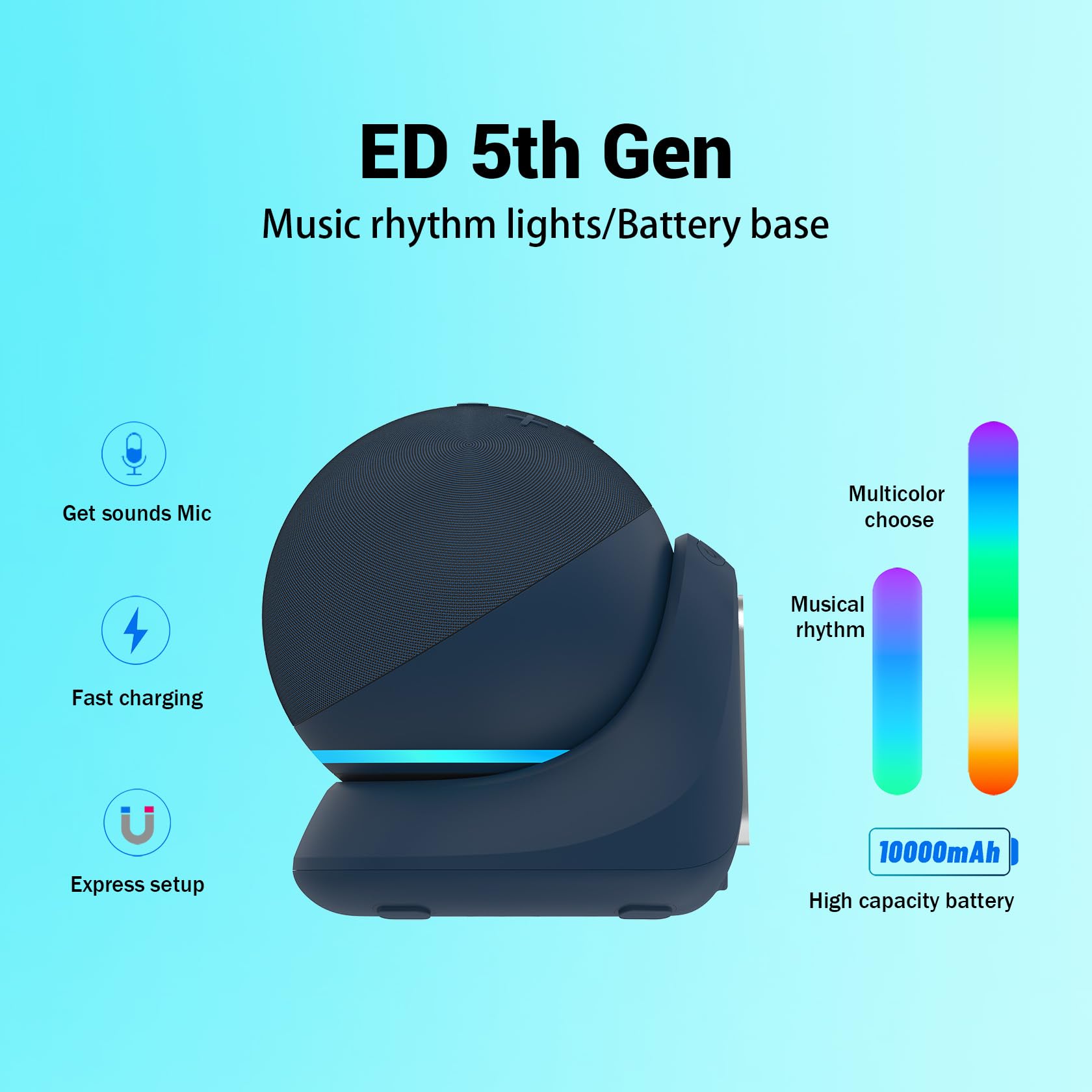 Fanxoo ED5 battery base.The DC socket provides mobile power for EchD 5th generation,Built in music rhythm,light,The light follows The rhythm of The music,10000 mAh(Blue)(Not Included EchD 5th gen)