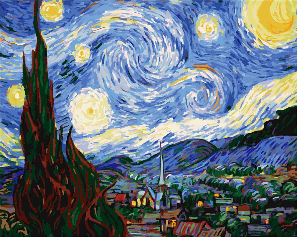Awesocrafts White Paint By Numbers Kits, Starry Night By Van Gogh Number Painting For Adults And Kids 16X20 Inch Framed Or Not (Starry Night, No Frame)