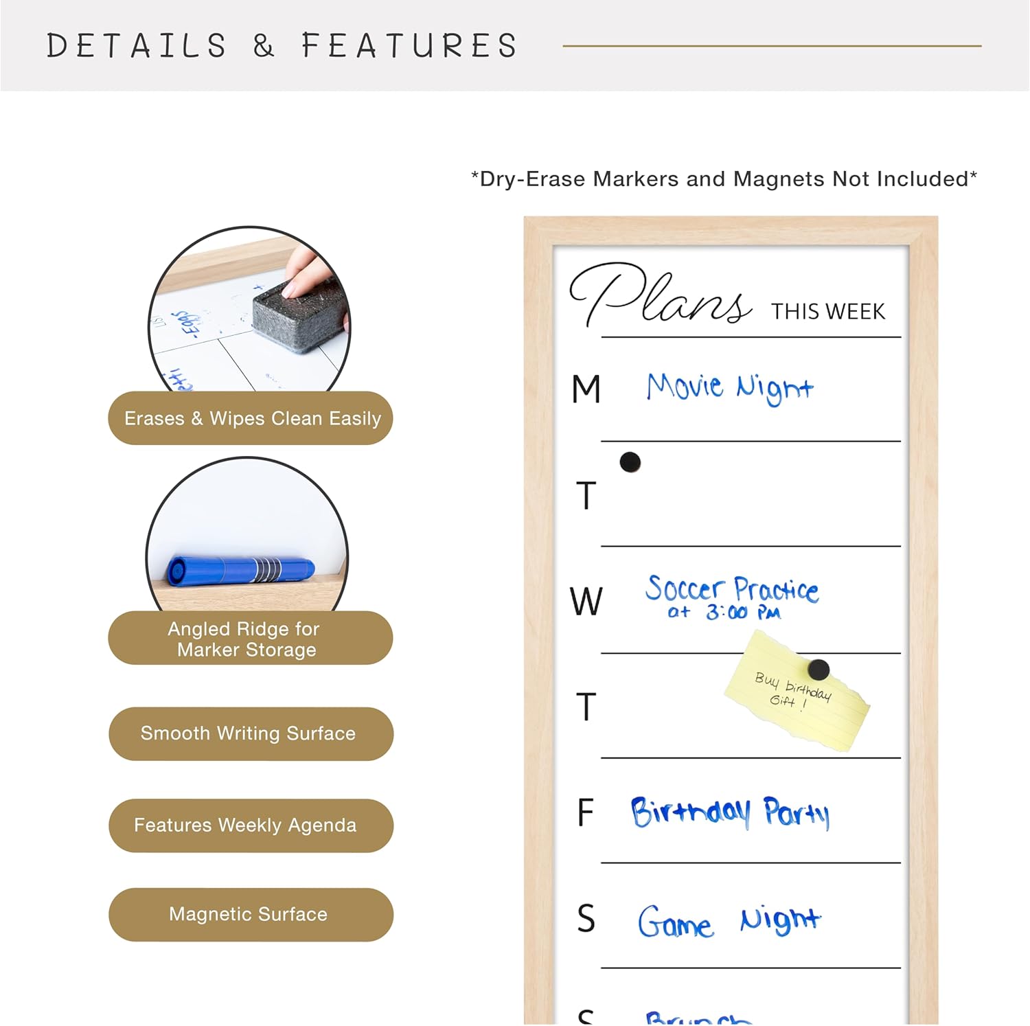 MCS Dry Erase Weekly Planner 14x30 Natural Framed Calander Whiteboard for Wall, Plan Your Week with Family Weekly Planner for Dinners, Sports, Events & More