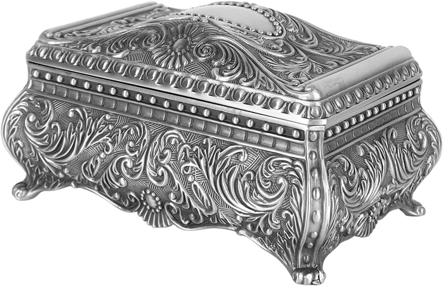 Vintage Rectangle Jewelry Box Metal Antique Ring Necklace Jewellery Trinket Display Storage Box for Women Girls Birthday Christmas,5.0 x 3.3 x 2.6in (Antique Silver)