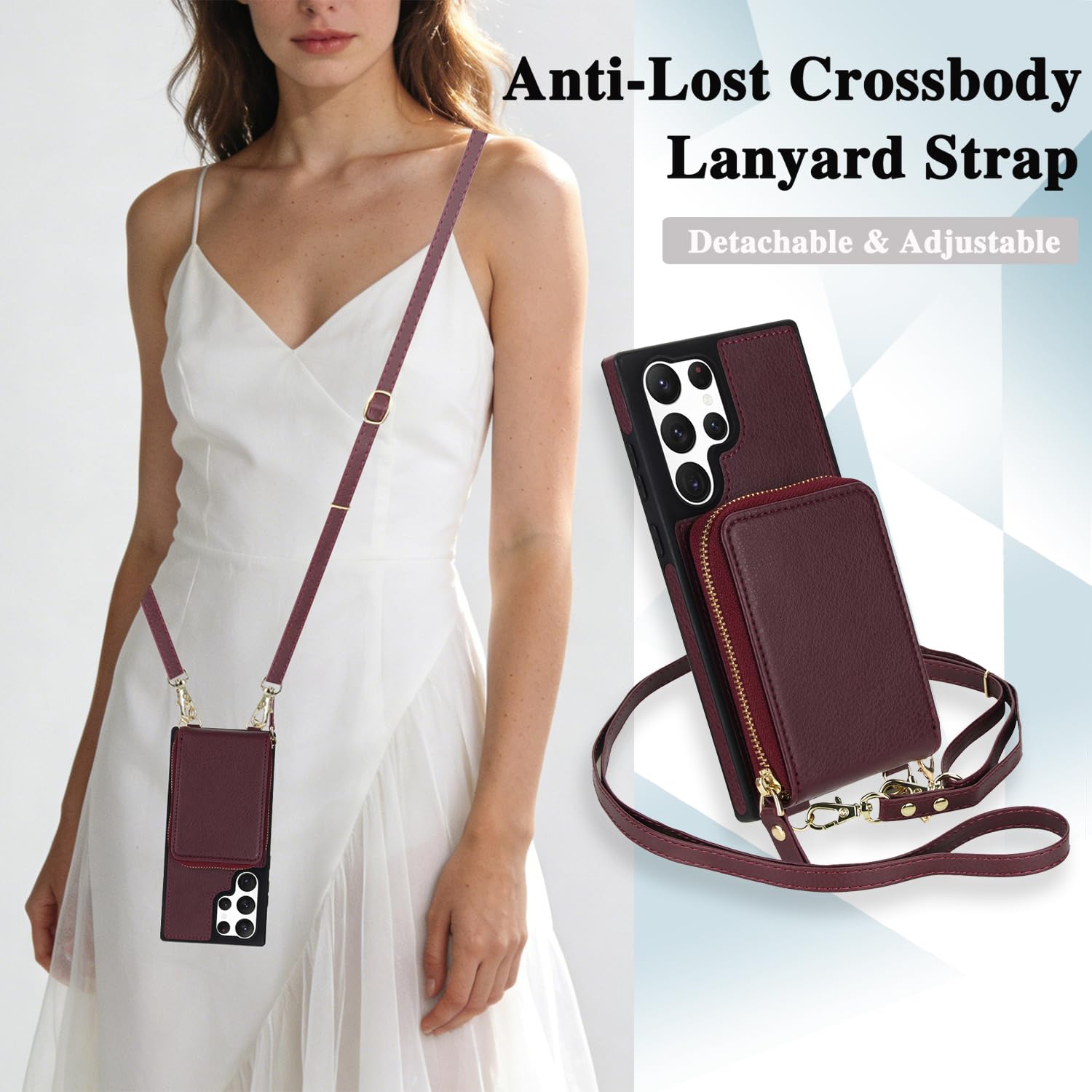 Funda para teléfono Samsung Galaxy S22 Ultra 5G 2 en 1 magnética con protector de pantalla y correa cruzada, bloqueo RFID, ranura para tarjetas de crédito, S22ultra 22S S 22 S22ultra5g 6.8 para mujer