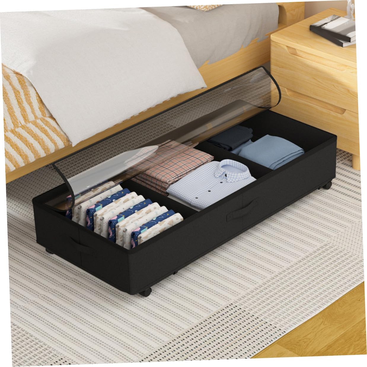 Bed Storage Organizer with Wheels, 3-grid Oxford Fabric Clothes Storage Bin, Large Capacity Dustproof Rolling Closet Container for Bedding and Clothing